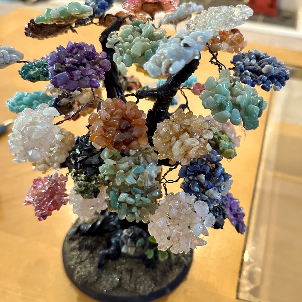 Crystal Gemstone Bonsai Tree with “shamrock pot of gold” at base 10 inches tall